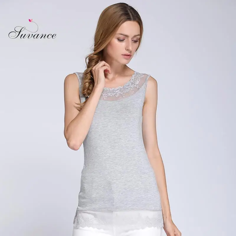 

Suvance Summer Casual Lace O Neck Sleeveless Cotton Solid Color Women Tank Tops