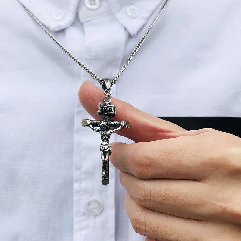 Vantage мужское ожерелье распятие древнее серебро Нержавеющая сталь итальянская цепь мужской Шарм Крест Кулон Ювелирные изделия