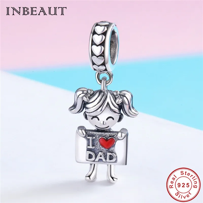 

fit Fashion I Love Dad&Mother Beads 925 Sterling Silver Lovely Red Heart Boy Girl Pendant Necklace Charm S925 Jewelry Making