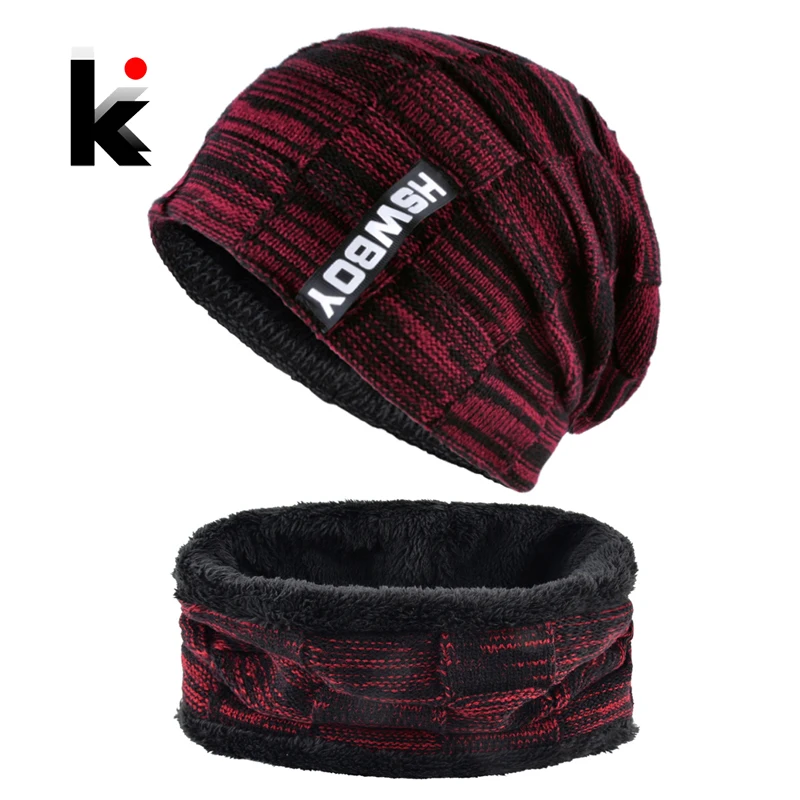 

Winter Knitted Hat and Scarf Sets For Men Thick Knitting Plaid Beanies Skullies Add Velvet Warm Bonnet Caps Women Neckerchief