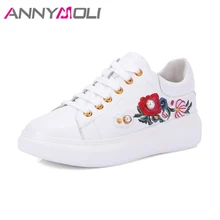 ANNYMOLI/обувь из натуральной кожи; женская обувь на плоской подошве; кроссовки на платформе; вышитая обувь на толстой мягкой подошве; белые туфли на плоской подошве со шнуровкой; коллекция года; Цвет Черный