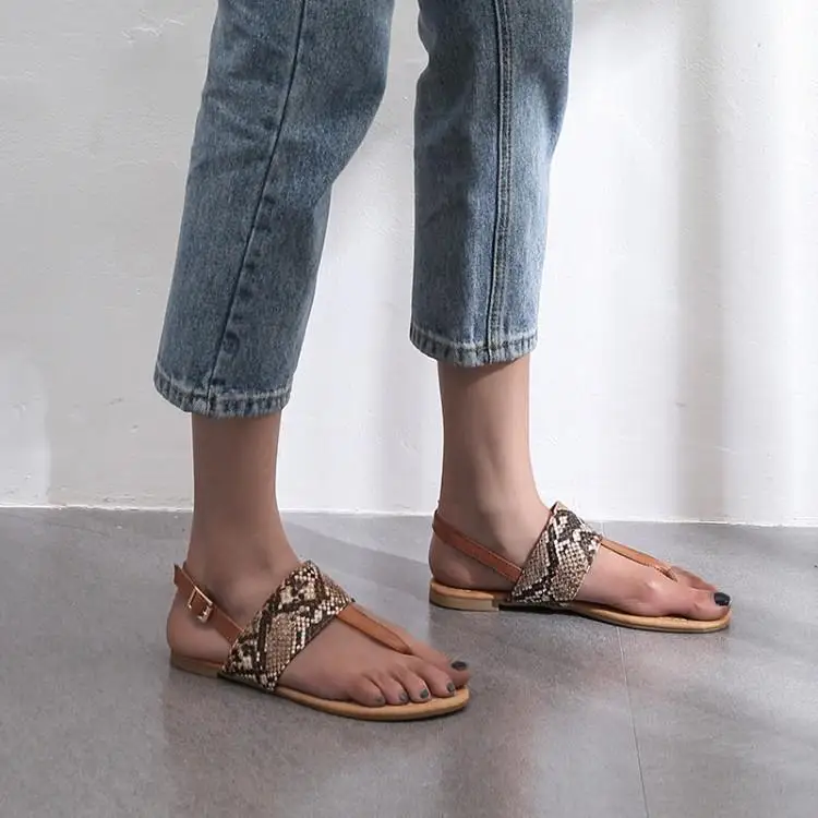 

US4-11 Fashion Womens Gladiator Open Toe Sandles Beach Flat Shoes T-strap Plus Size Snake skin Pattern Plus Size A181
