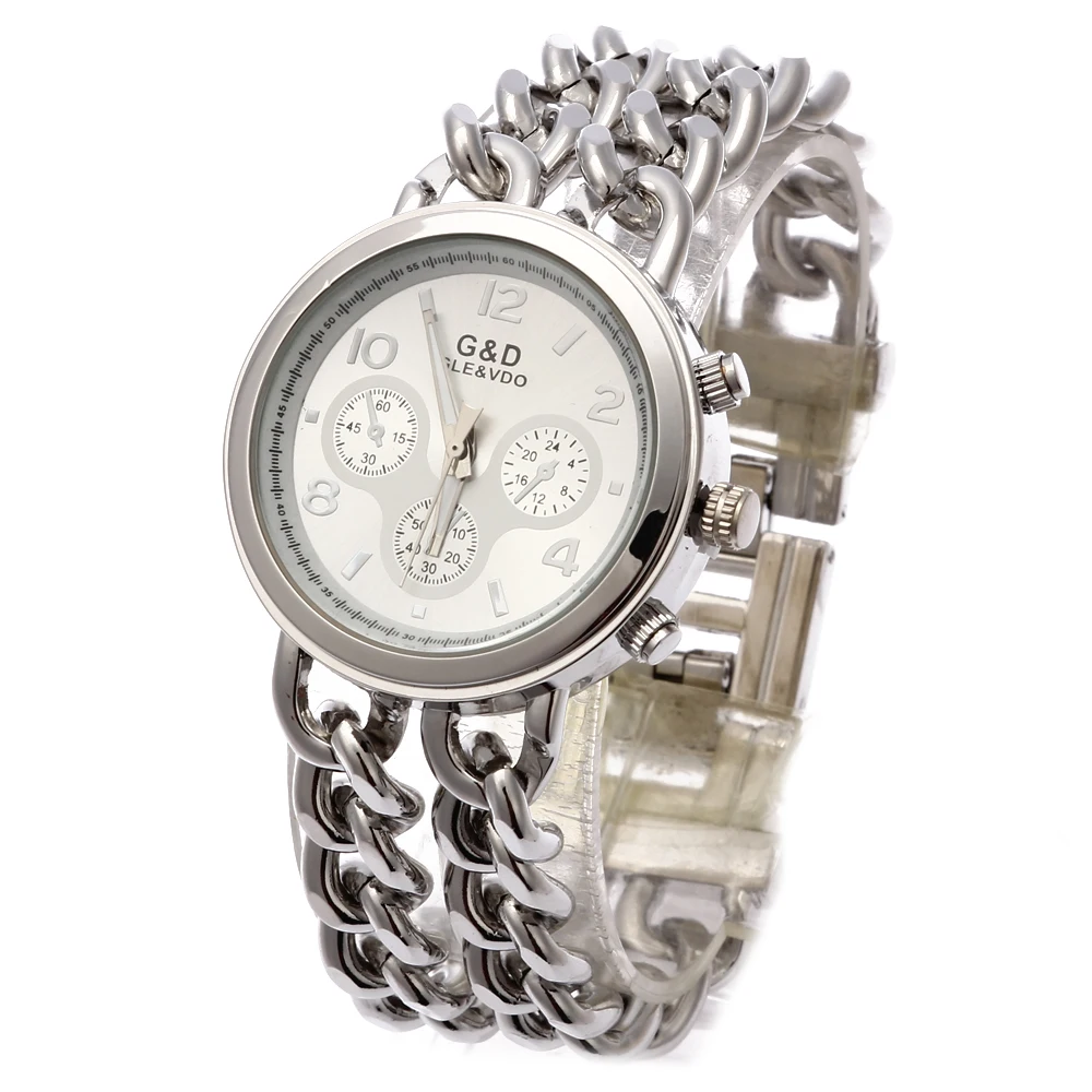 

G&D Women Double Chain Silver Stainless Steel Band Fashion Watch Triple Dial Quartz Analog Wrist Watches
