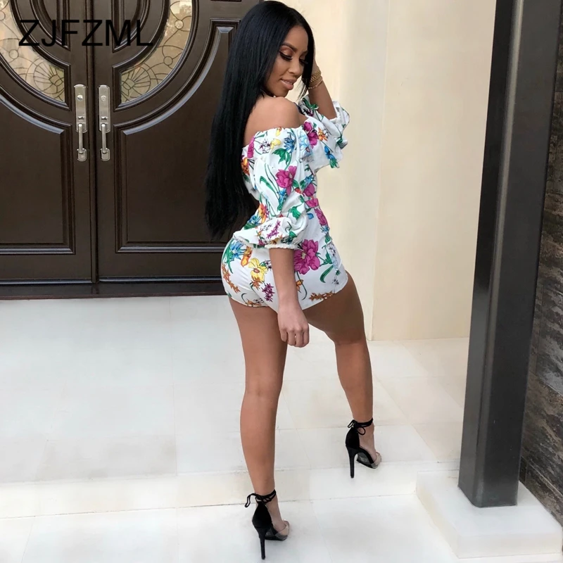Off Shoulder Rainbow Striped Sexy Bodycon Playsuit 3/4 Lantern Sleeve Floral Print Rompers Womens Club Ruffles Sashes Jumpsuits