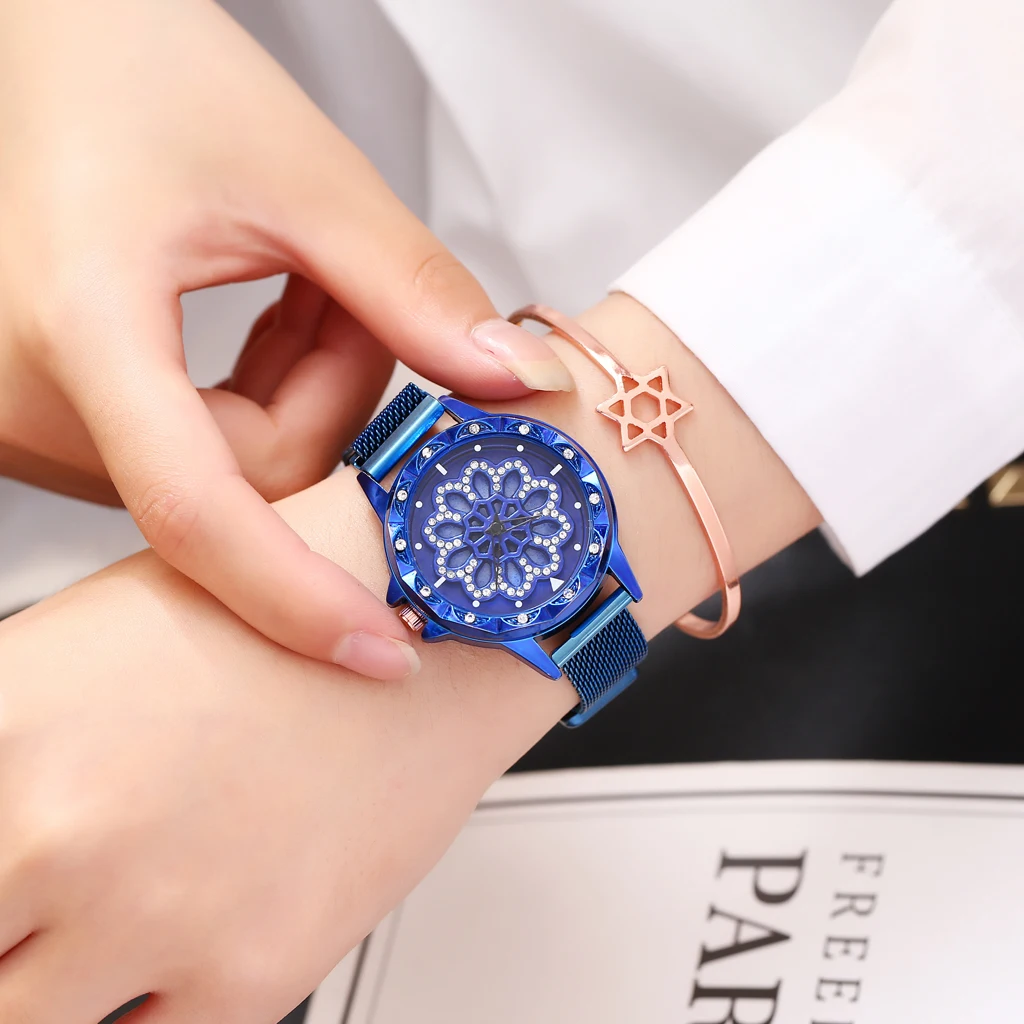 Для женщин сетки с магнитной пряжкой Lucky цветок часы 360 поворачивается роскошные женские Стразы кварцевые часы Relogio Feminino