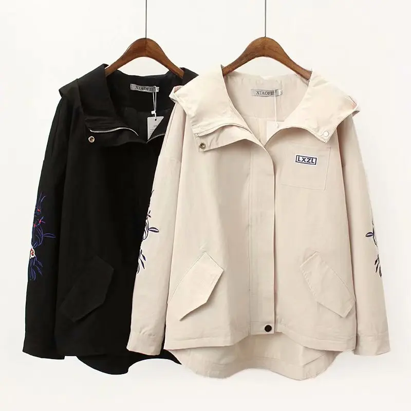 

Women Spring Long Sleeve Zipper Jacket Pockets Casual Sport Coat Embroidery windbreaker with hoodies Coats Plus Size 3XL