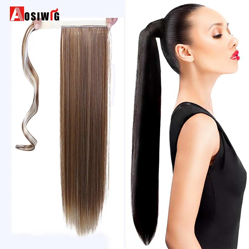 24" Long Straight Ponytail Heat Resistant Drawstring Wrap Hairpieces One piece Clip In Fake Hair Extensions AOSIWIG | Шиньоны и
