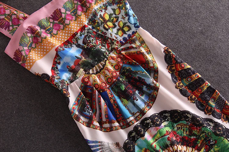 Европейский прекрасный весенне-летний Подиум круговой вентилятор печать бант кружева цветок ремень платье "рыбий хвост" короткие платья