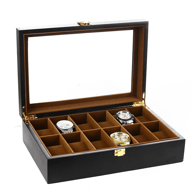 Black Wood Velvet Luxury Brand Jewelry&Watches Box 12 Slots Design Display Case Large Holder