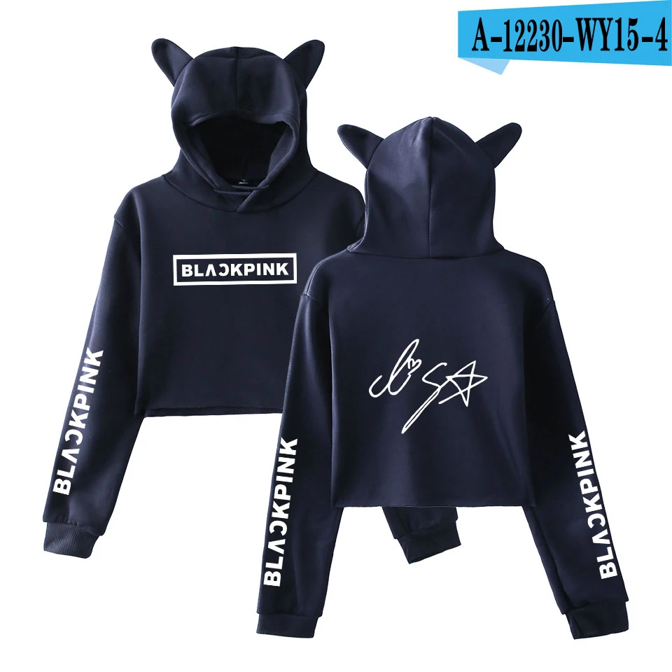 Blackpink harajuku Cat Ear Cap Hoodies fashion trend sala Cat Crop Top Women Hoodies Sweatshirt Sexy hot Kpop Clothes - Цвет: navy