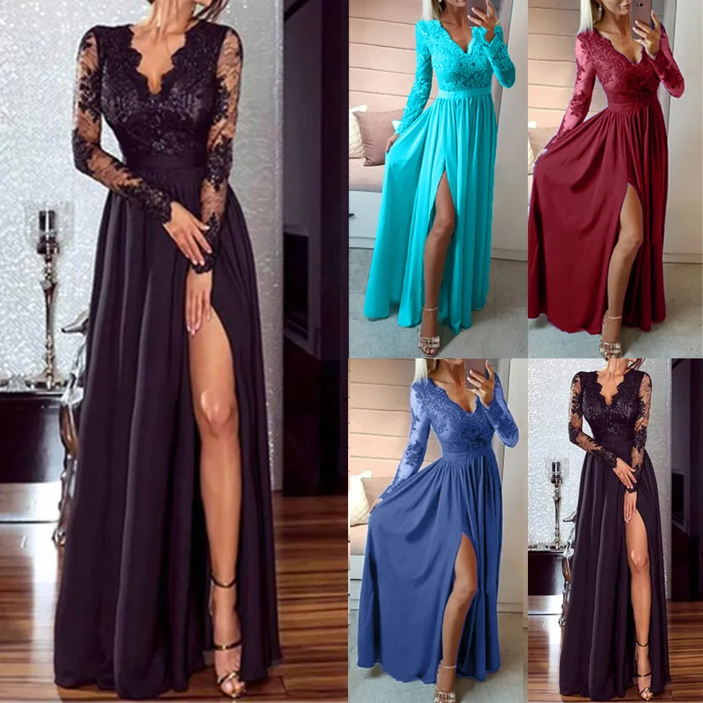

Sexy Women omen Deep V-Neck Lace Long Party Ball Prom Wedding Long Dress Sexy & Club Bandage Lace Dress