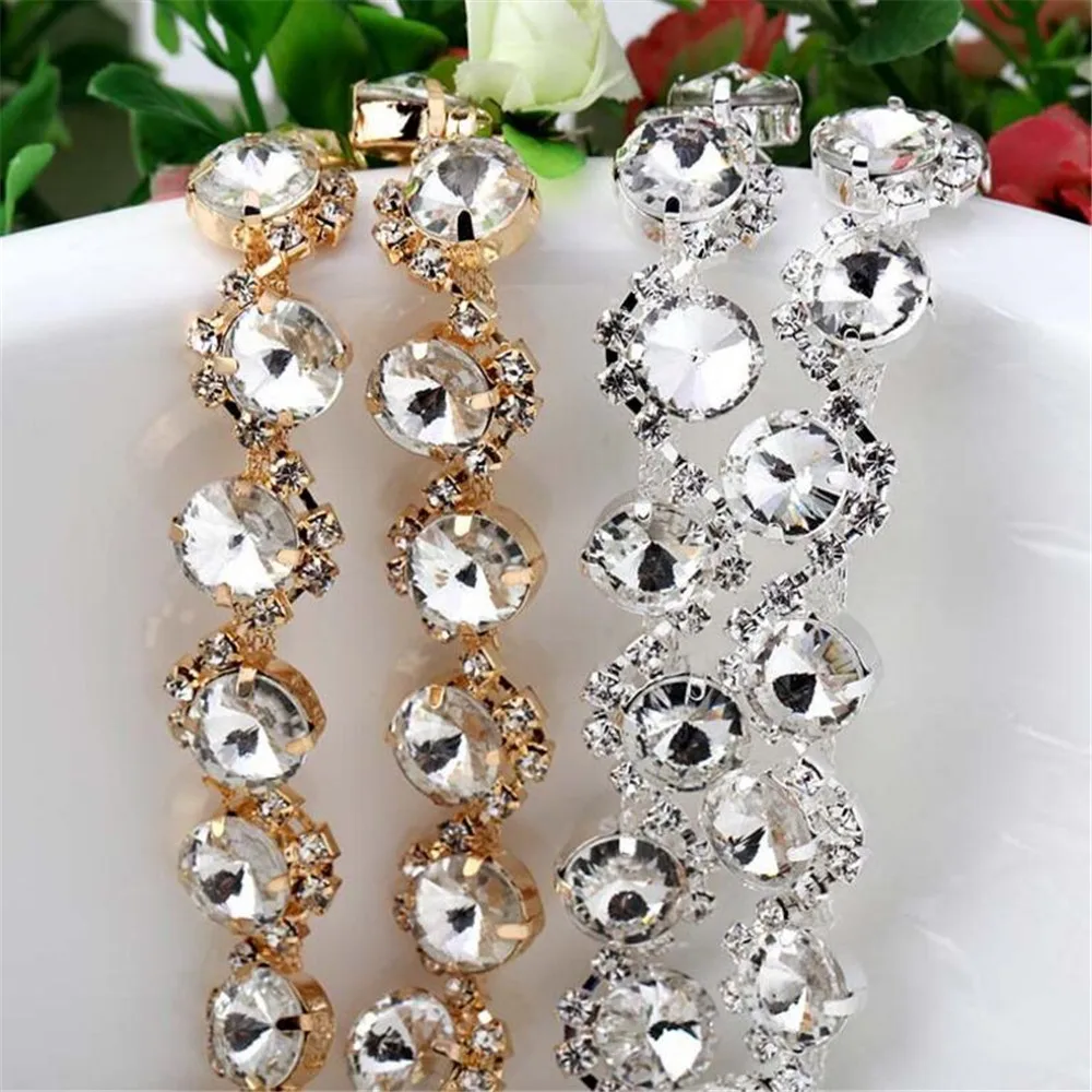 1Yard/Lot Sew On Pearl Crystal Rhinestones Chain Fashion DIY Wave Bling