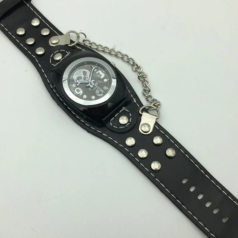 retro punk watch men cool mens quartz watches black leather strap chain skull dial wristwatches for men drop shipping (1)