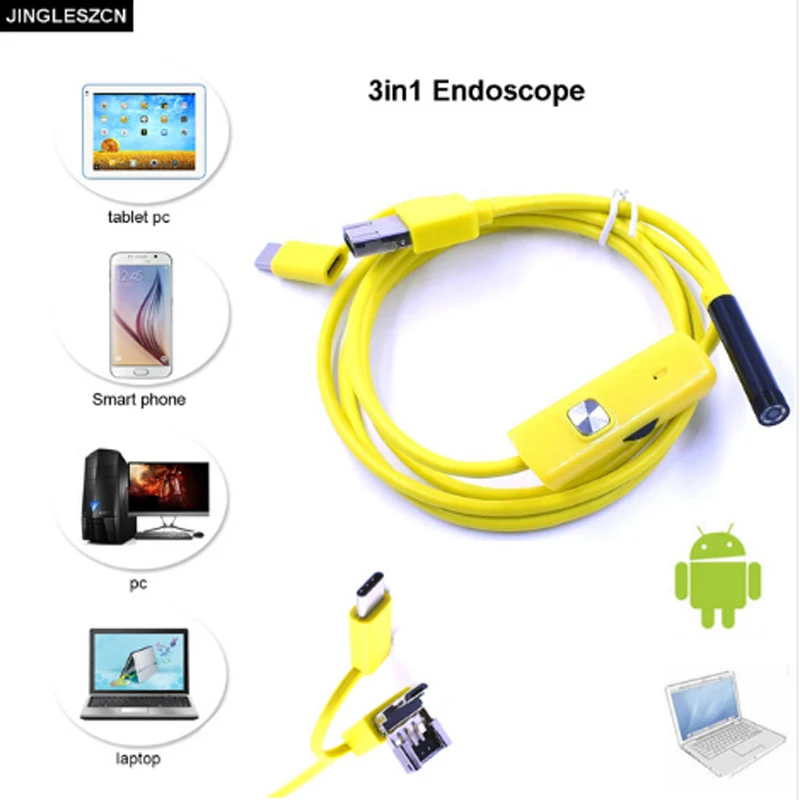 

2018 JINGLESZCN 3 in 1 7mm USB Endoscope 6 LED Waterproof IP67 Borescope Inspection 1M 1.5M 2M 3.5M 5M 10M For Android Windows