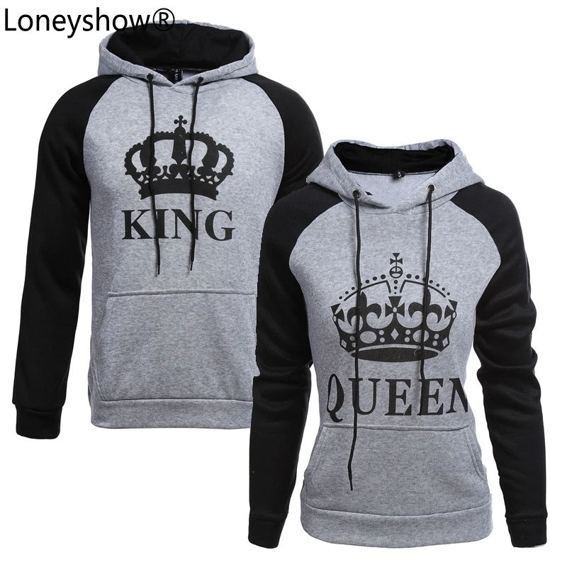 

2017 KING Queen Crown Print Unisex Men Women Autumn Hoodies Slim Sweatshirt for Couple Lovers Winter Patchwork Hooded Pullovers