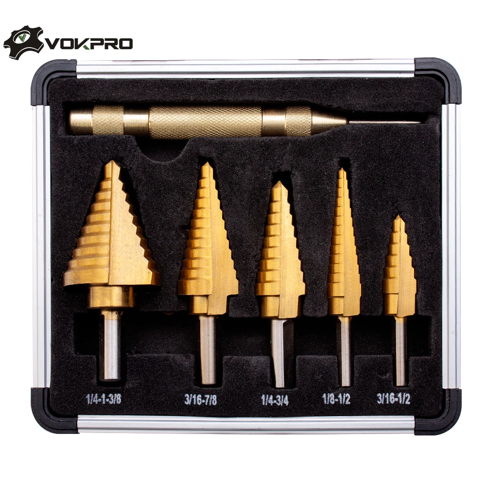 6PCS Titanium Metal Steped Drill Bit Set Automatic Center Punch 50