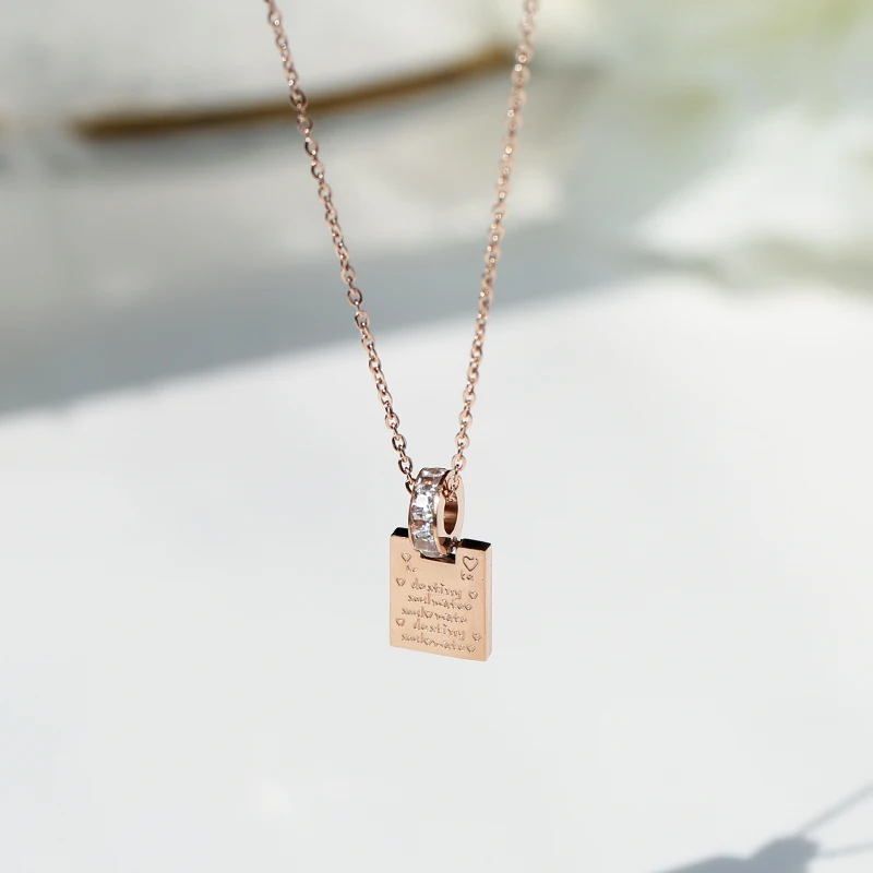 

YUN RUO 2018 New Rose Gold Color Fashion Square Letters Crystal CZ Pendant Necklace Titanium Steel Jewelry Woman Gift Never Fade