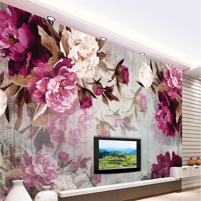 beibehang  Custom Photo Wallpaper Wall Sticker Handmade Peony Flower Wooden Background papel de parede 3d para sala atacado beibehang custom photo wallpaper stickers trees lakes landscape 3d background walls papel de parede 3d para sala atacado