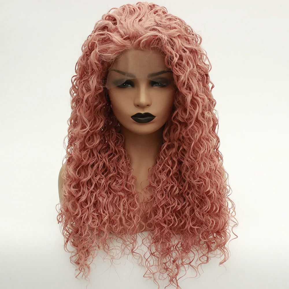 Rose Gold Pink Lace Front Wig Synthetic Heat Resistant Fiber Loose Curly Natural Hairline Long ...