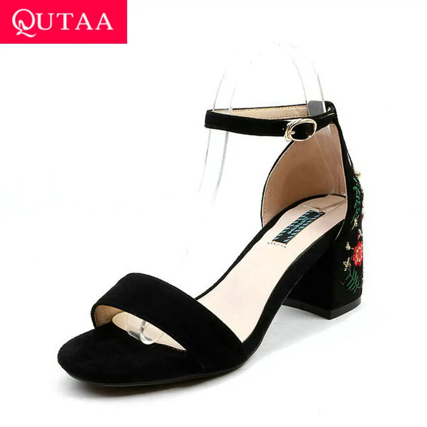 

QUTAA 2019 Women Shoes Platform Women Pumps Buckle Flock Women Sandals Square High Heel Peep Toe Ladies Sandals Size 34-39