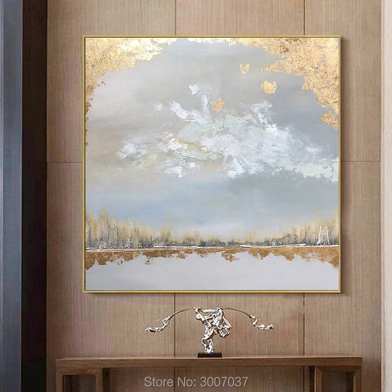 Hand Painted Landscape Oil Painting Gold and White Paintings Modern Golden Foil On Canvas For Living Room | Дом и сад