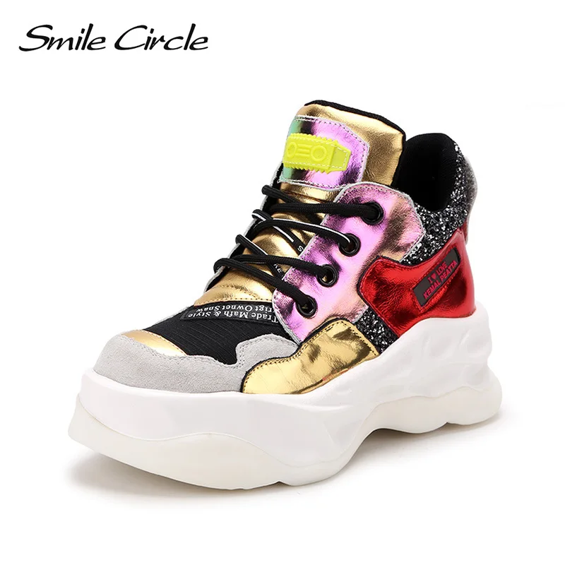 

Smile Circle Women Sneaker Flat Platform shoes Patchwork Lace-up Wedge High-top casual Ladies Sneaker