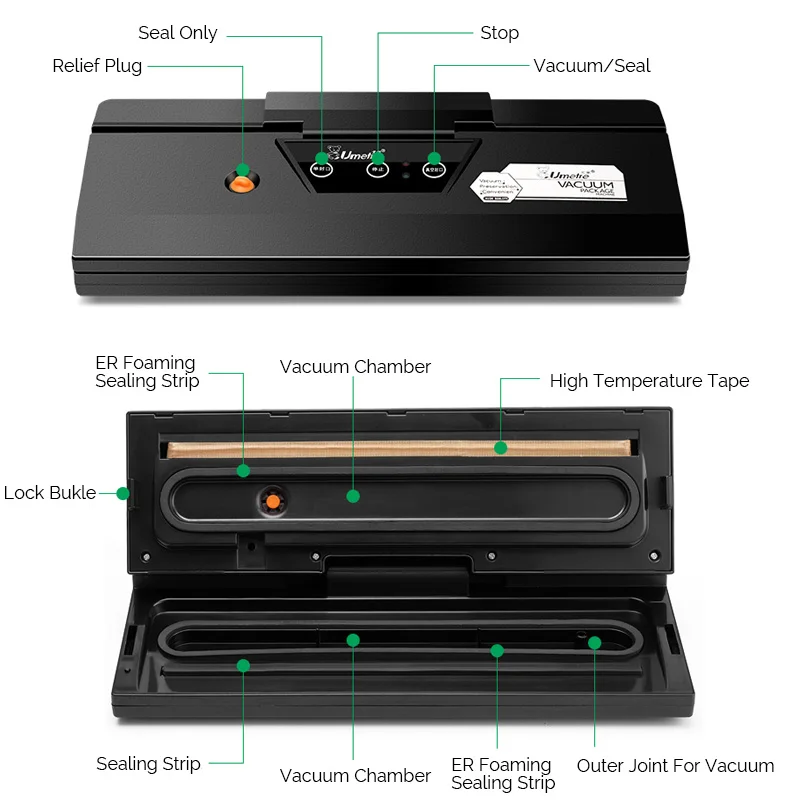 Вакуумный упаковщик, автоматическая машина для упаковки сухих и влажных продуктов 100 Вт для домашнего использования, черного цвета, штепсельная вилка стандарта США 220-240 В