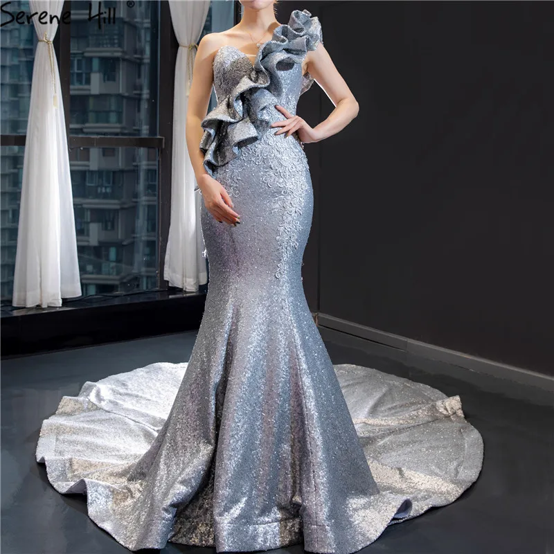 

Dubai Silver Grey One Shoulder Wedding Dresses Sequined Sparkle Mermaid Design Bridal Gowns 2019 Real Picture HM66882
