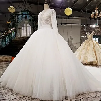 شراءModabelle العربية فستان الزفاف ثوب الزفاف الدانتيل الديكور اللؤلؤ كنيسة Brautkleid 2018 الراقية الفاخرة طويلة الأكمام بثوب الزفاف