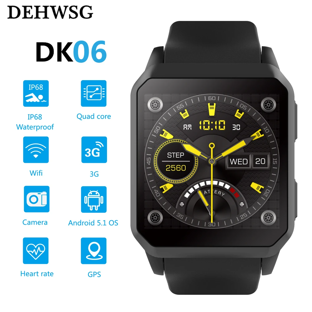 DEHWSG New IP68 Waterproof Android watch DK06 512GB Ram 8GB Rom MTK6580 Quad Core Smart watch 3G+GPS+WiFi+Camera Heart Rate QW06