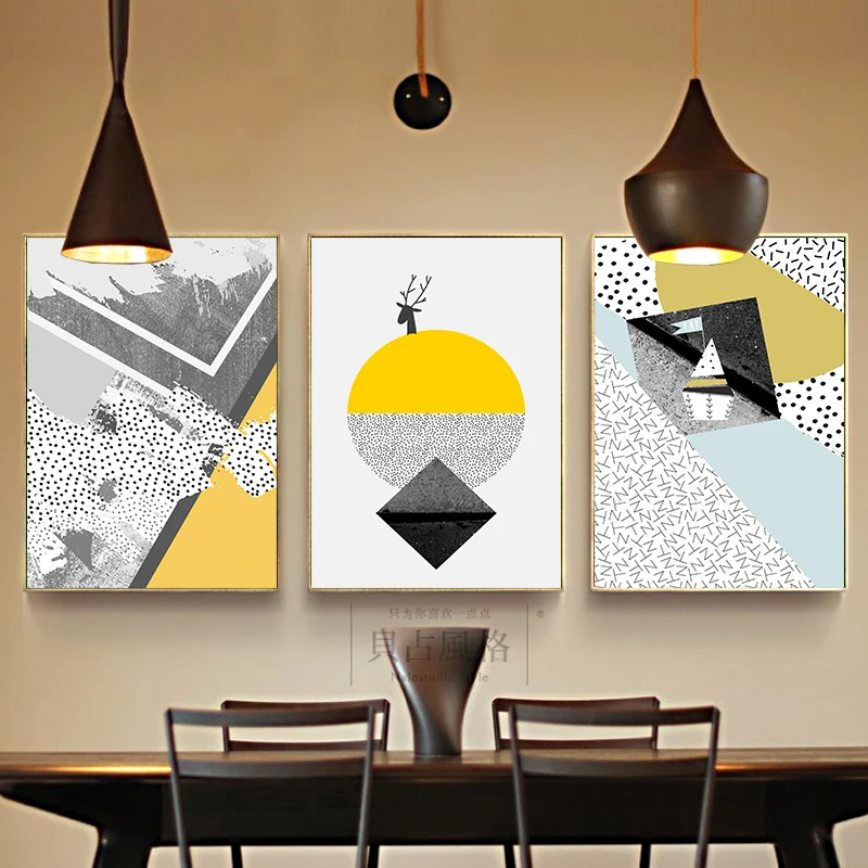 

Adorable Abstract Print Paintings Yellow Black Triangles Hipster Canvas Image Chic Wall Drawing Ornament For Cafe Bedroom Shop