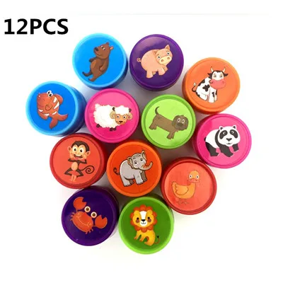 Cartoon Round Stamp Toys for Children 12pcs DIY Handmade Craft Students Stamps Toys Book Decro Teacher Seal Kids Art Toys - Цвет: 12Pcs Mixed Aniamls