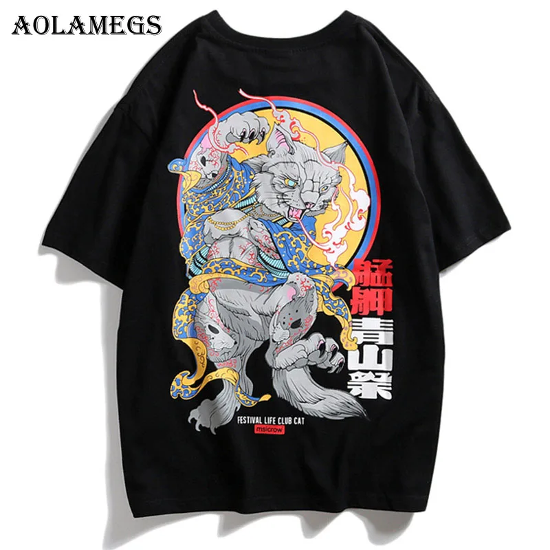 Aolamegs modis футболки мужские для мужчин футболка японский стиль печатных мужчин's футболки с круглым вырезом Футболка короткий рукав Мода High Street футболк