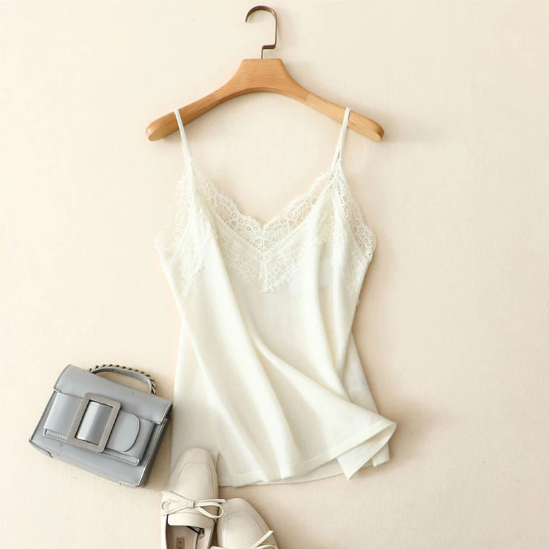 

New Arrival 100% Cashmere Tops With Lace Spring Knitted Basic White Tank Camis