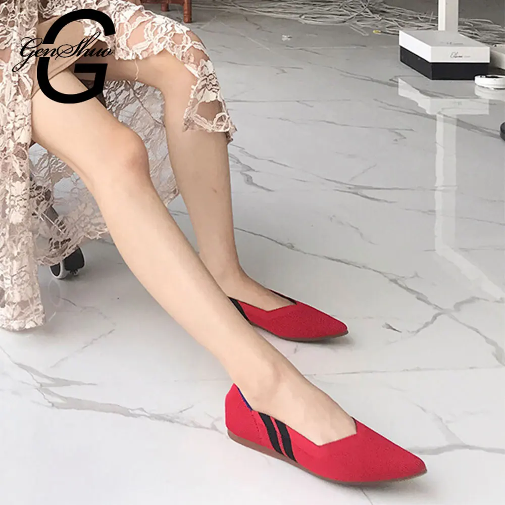 

GENSHUO 2019 Fashion Flats Women Boat Shoes Elegant Pointed toe Stripe Knit Single Shoes Woman Flats Ladies Casual shoes Shallow