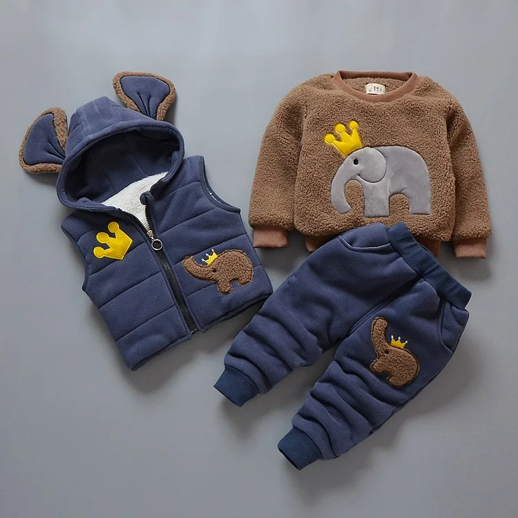 

Foreign Trade Baby Kid Winter Cartoon Elephant Clothes 3 Pcs Set Little Boys & Girls Cotton Padded Vest Coat + Tops + Pants A942