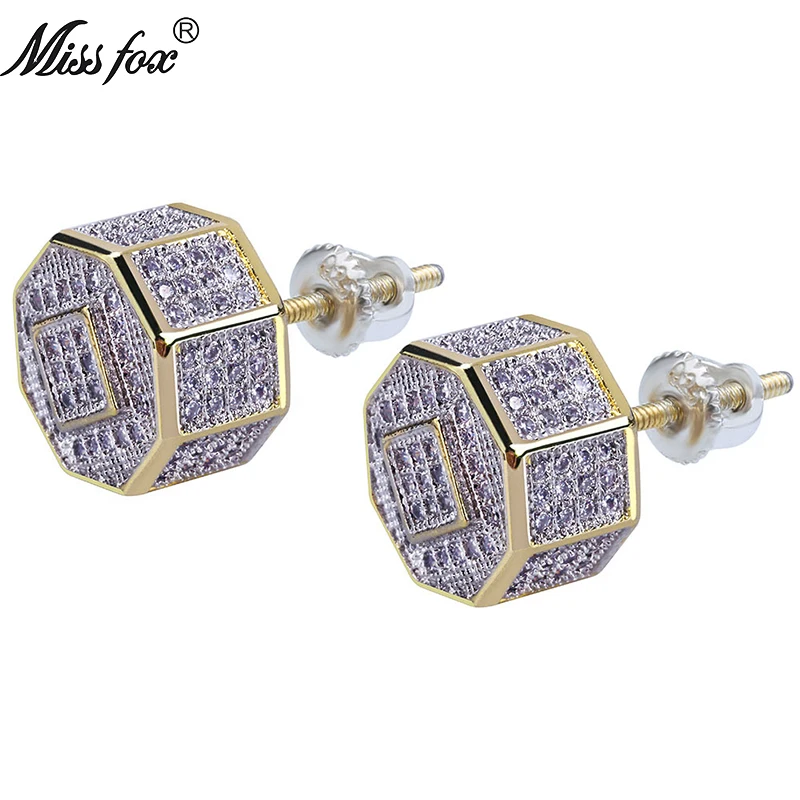 

HOT!!! Hip-Hop 24K Gold Plated Earrings For Men Cubic Zirconia Octagon Jewellery Personalized Piercing Men Accessories Gifts