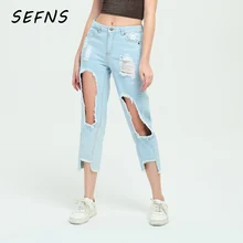 SEFNS крутые джинсовые винтажные джинсы для девочек середины талии повседневные штаны летние женские одежда бойфренд отверстие джинсы женские низ Штаны