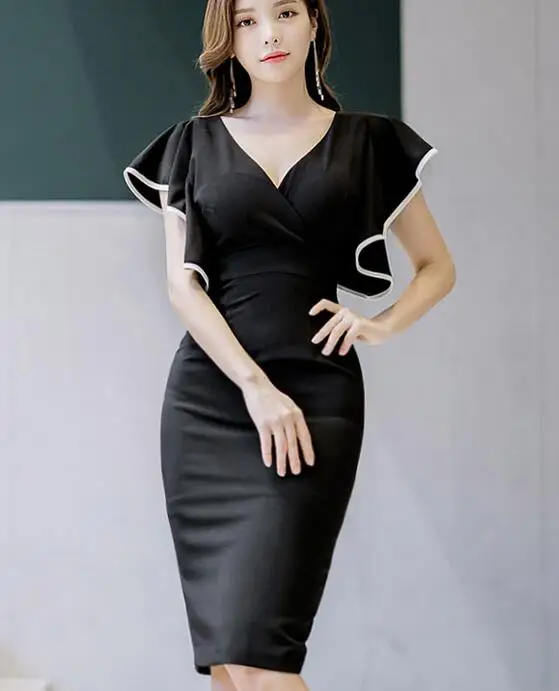 

High Quality Best-selling 2018 Sexy Summer New Arrival VCollar Batwing Sleeve Solid Color Woman Slim Pencil Dress
