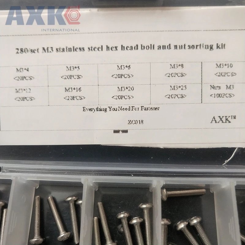 

AXK 280pcs/set M3 Stainless Steel Hex Socket Button Head Screws Bolts Nuts Assortment Kit Fasteners Hardware with Box ZC018