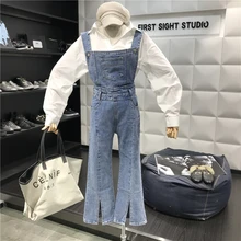 Весенние новые женские джинсовые комбинезоны с карманами для колледжа, ковбойские скобы, повседневные джинсовые комбинезоны, джинсы, широкие брюки