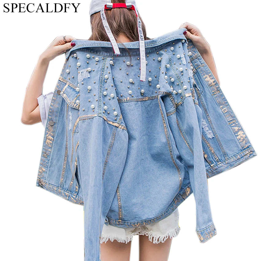 2018 Fashion Beading Hole Pearl Denim Jacket Women Basic Coats Ladies Plus Size Casual Jeans Coat Outwear Jackets Chaqueta Mujer