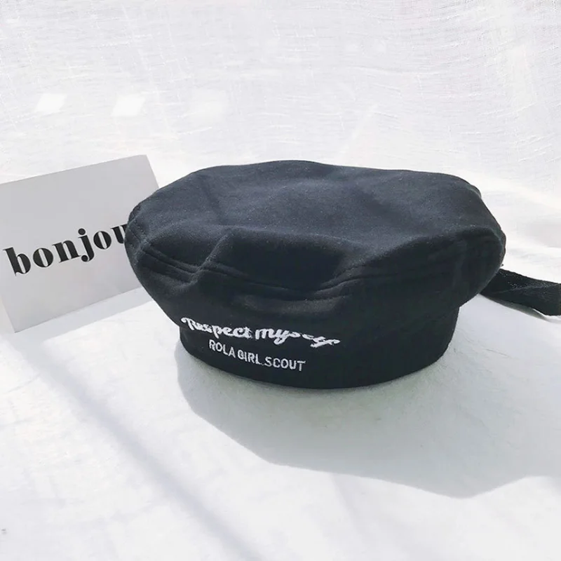 Elegant Female Beret Hat Casual Streetwear 90s Girls Beret Cap Female French Beret Cap Women Embroidery letters Painter hats - Цвет: black