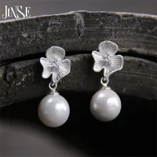 JINSE S925 Sterling-Silver-Jewelry 10.50mm Flower Pearl Dangle Drop Earring for Women Korean Sterling Silver Jewelry