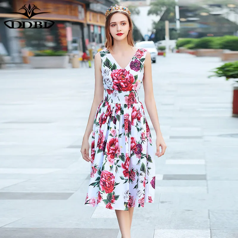 band waist dress floral v neck dresses summer runway dress high quality 2018 20180608