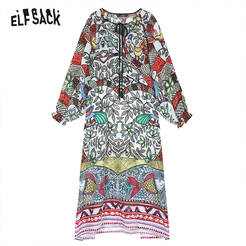 ELFSACK Vintage Floral Print Women Chiffon Dresses Fashion A-Line Full Sleeve Lace up Female Holiday Dress Elegant Dress