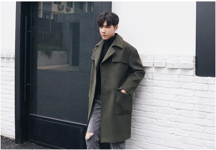Новое теплое шерстяное зимнее длинное пальто для мужчин, модные повседневные однотонные куртки с карманами, верхняя одежда, мужские свободные тренчи, пальто DS50823