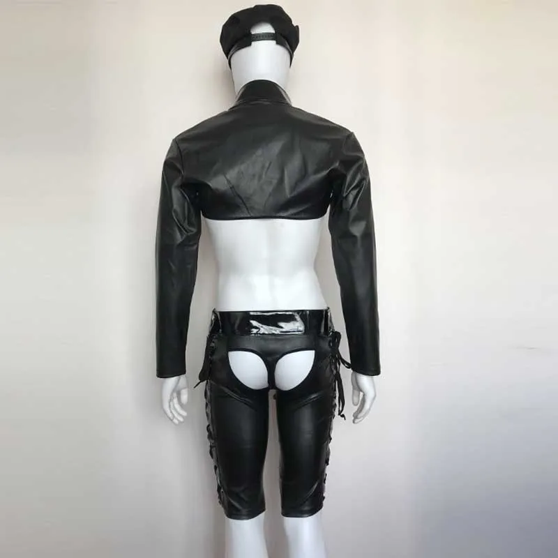 3 pcs Black Vinyl Leather Men's Costumes Sexy Police Cosplay Plus Size M-XXL Hot Erotic Halloween Police Uniforms Fancy Suits (5)