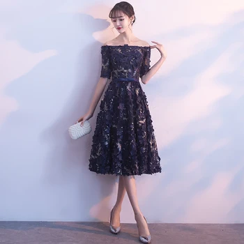 

Appliques Women's Floral Dress 2018 New Half Sleeve Off Shoulder Evening Gowns Elegant Lace Up Banquet Dresses With Bow WM230