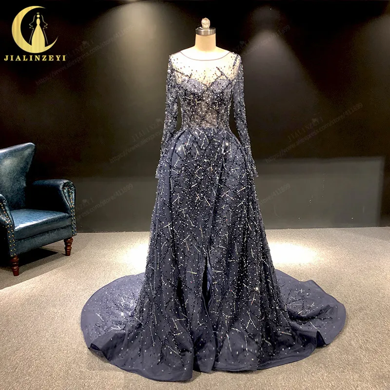 

JIALINZEYI Real Image Luxurious Navy Blue Long Sleeves Beads Sexy robe de soiree Formal Dresses Evening Dress 2019